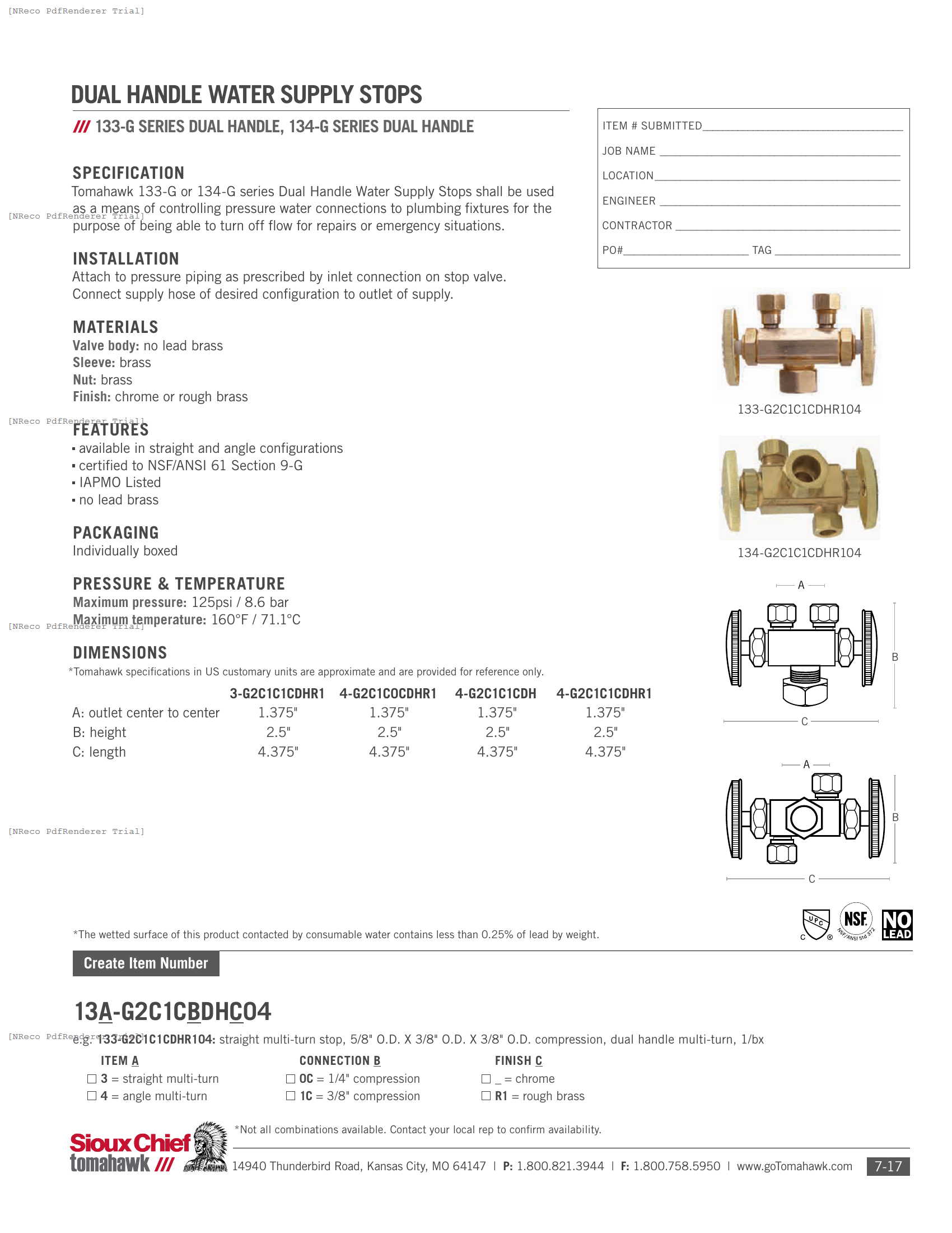 133 & 134 SERIES - DUAL HANDLE SUPPLY STOP - SPEC SHEET.PDF Specification Document